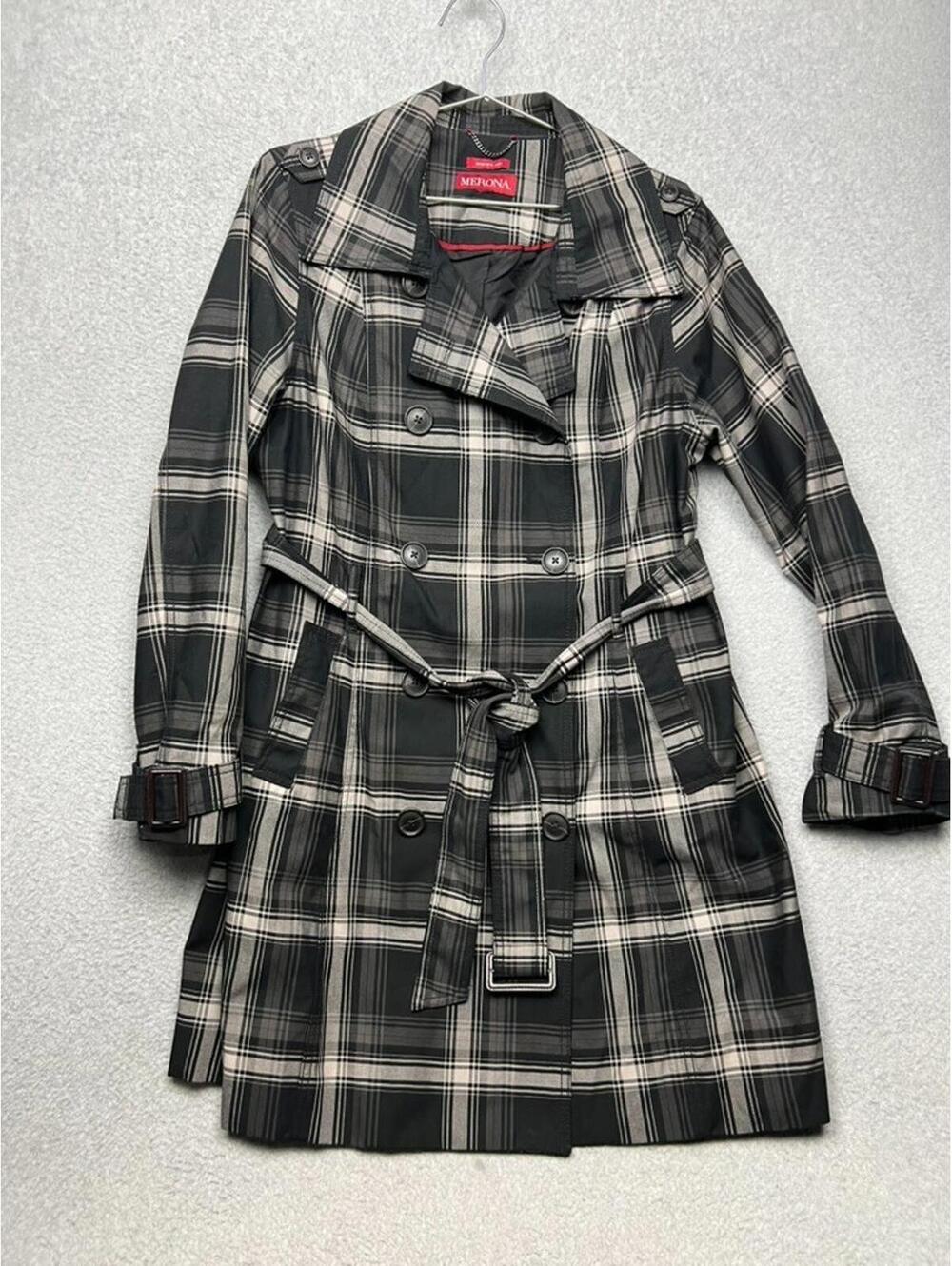 70s Preppy Womens Trench Coat Jacket Black Gray Windowpane Plaid Long Classic